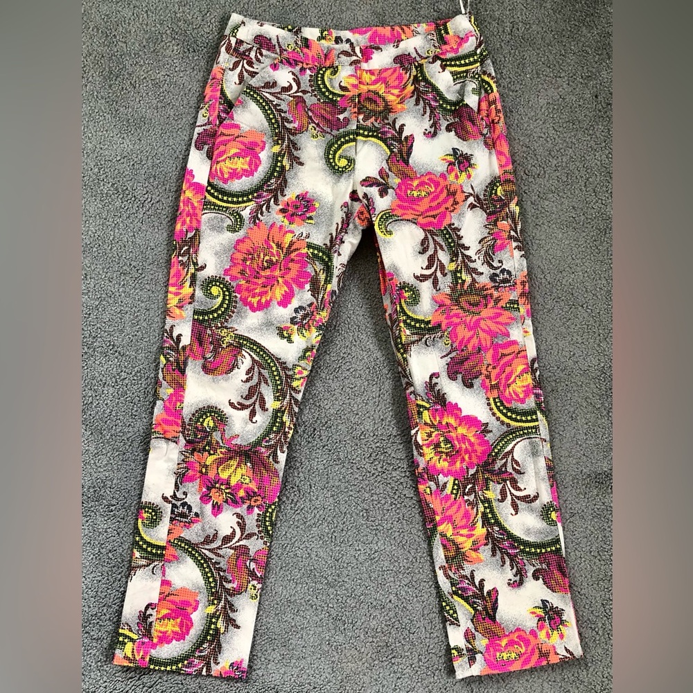 New nwot Topshop big flowers paisley grey orange pink print pipe crop pants 4